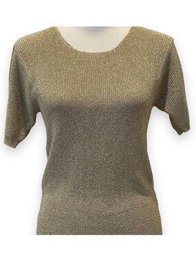TESORI Metallic Gold Knit Short Sleeve Holiday Sweater Sz XS